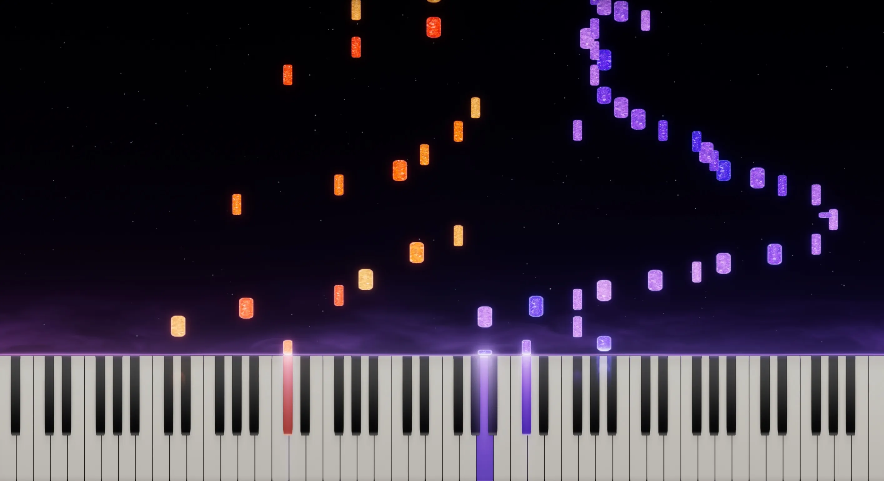 Falling notes split by hand — left hand in warm orange, right hand in violet — landing on the keys