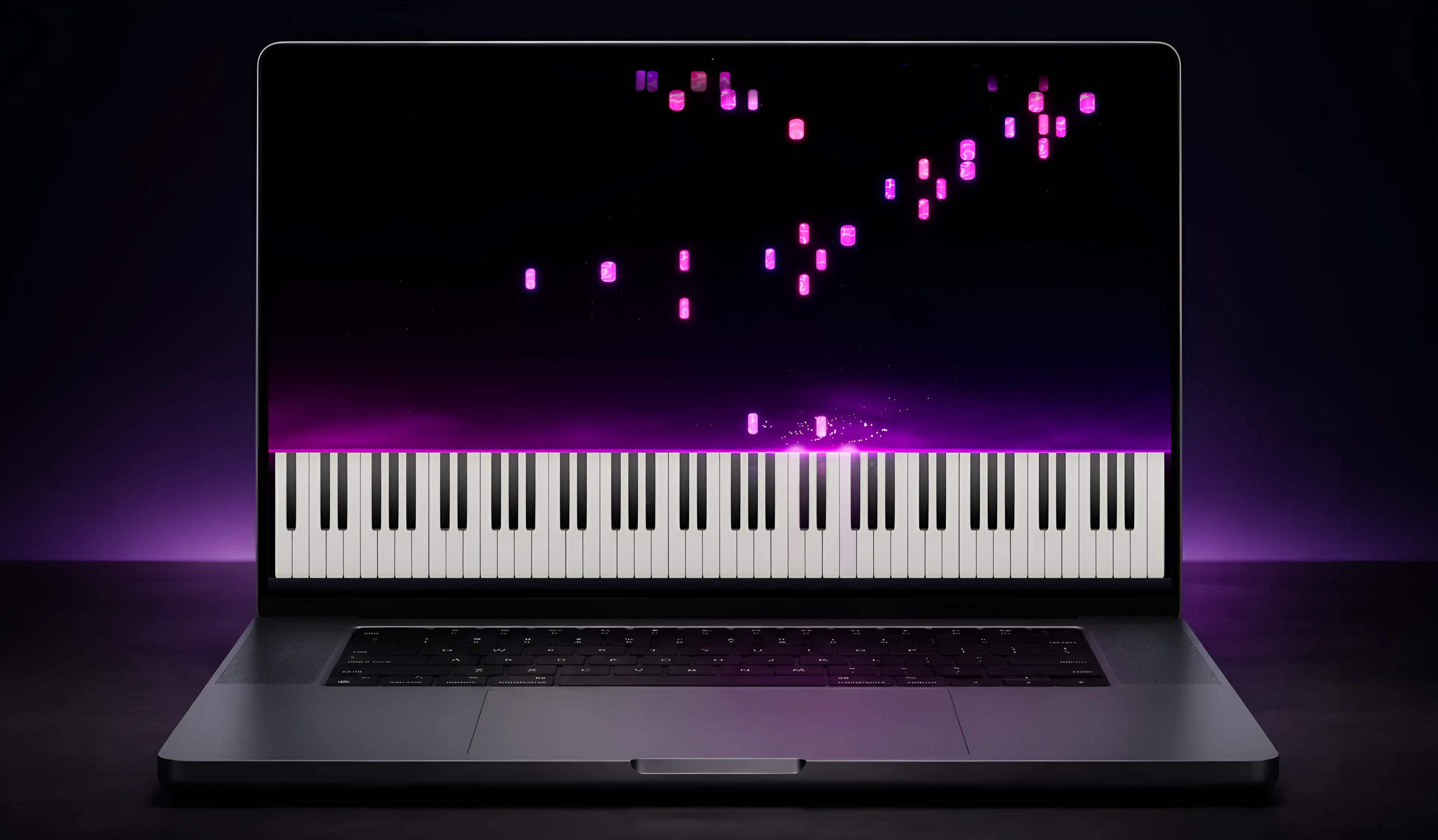 LumaKeys playing on a MacBook Pro in a dark room, purple light rising behind it