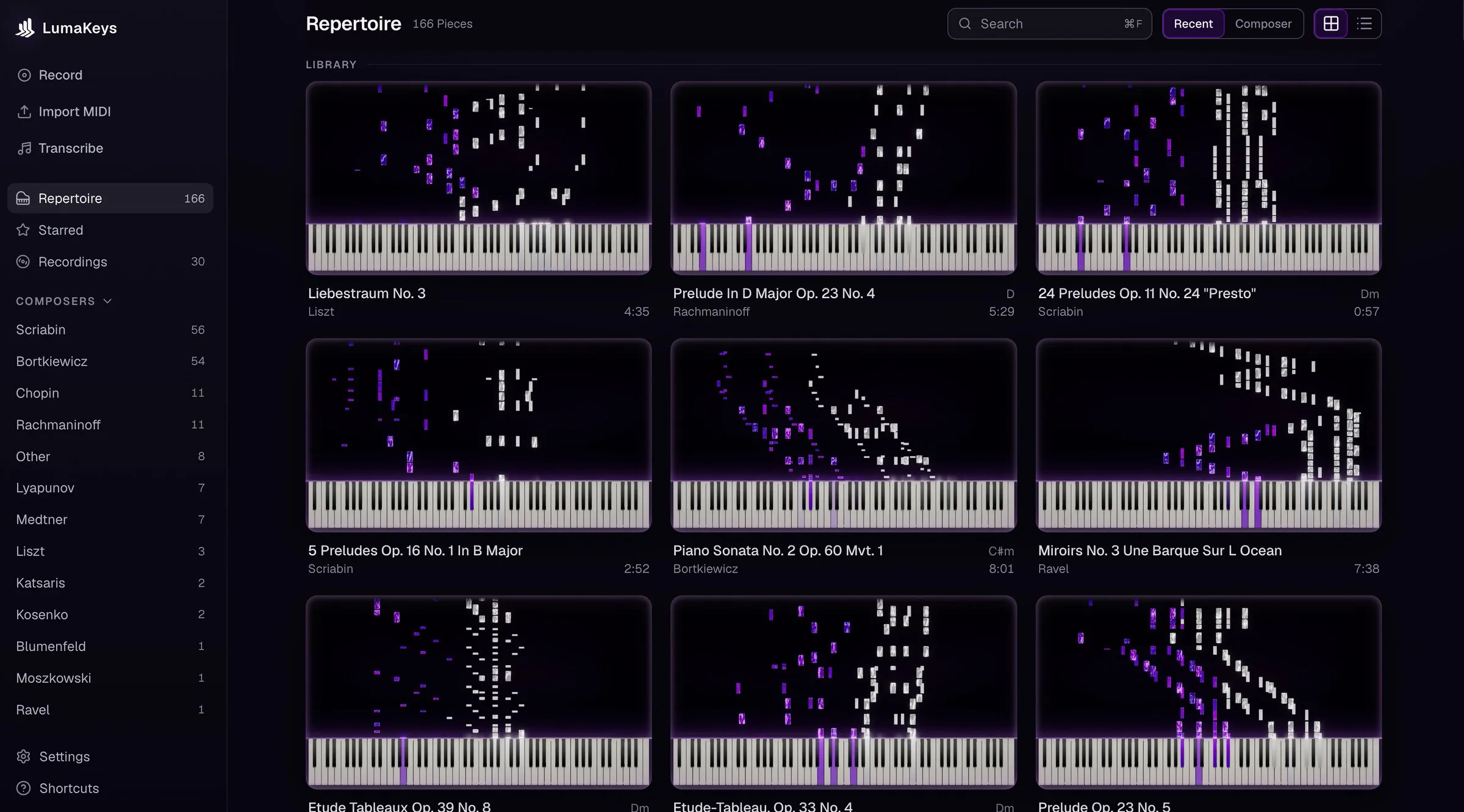 The LumaKeys repertoire with pieces organized in one place.