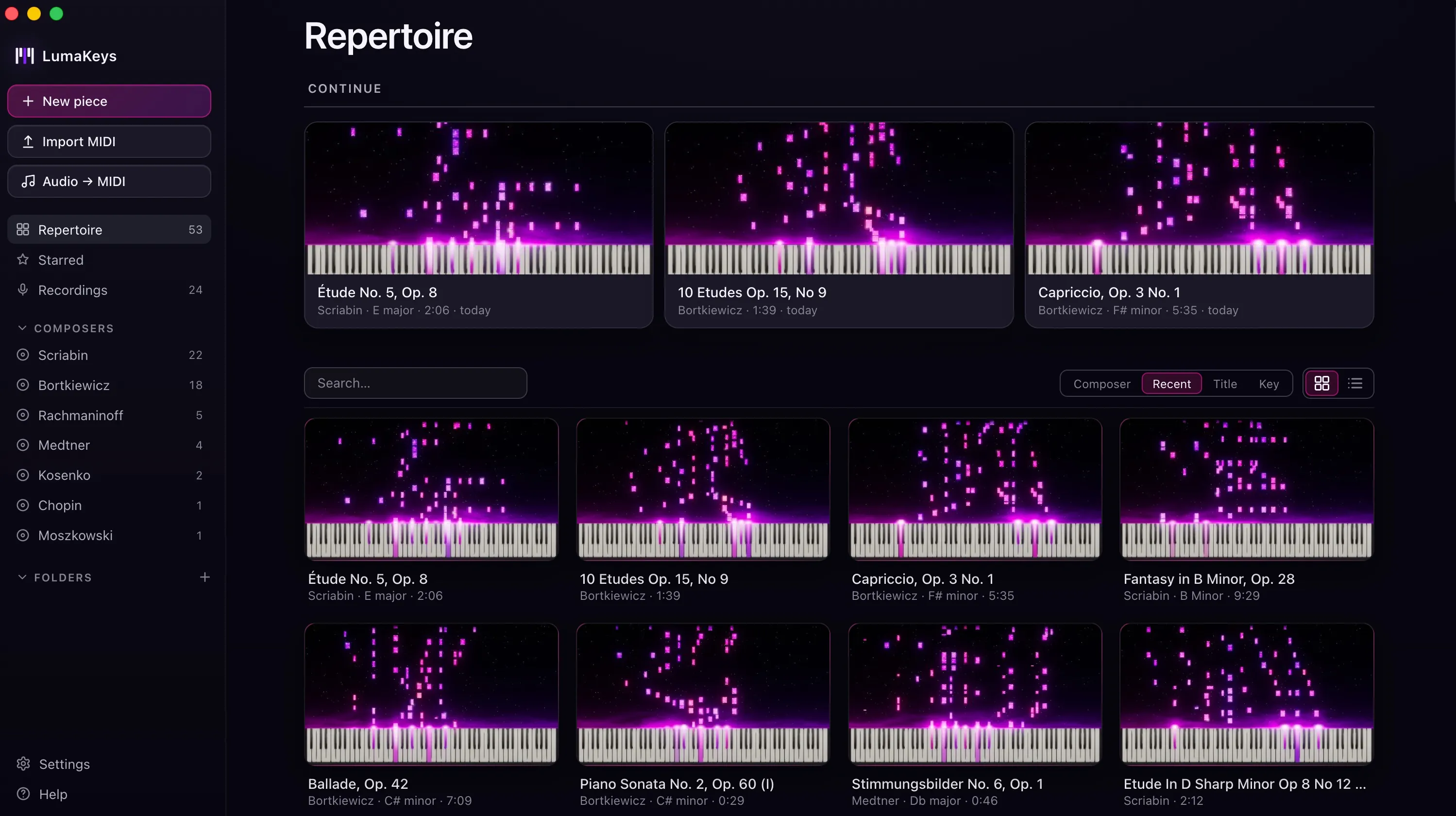 The LumaKeys repertoire library — a grid of pieces, each with its own falling-note preview